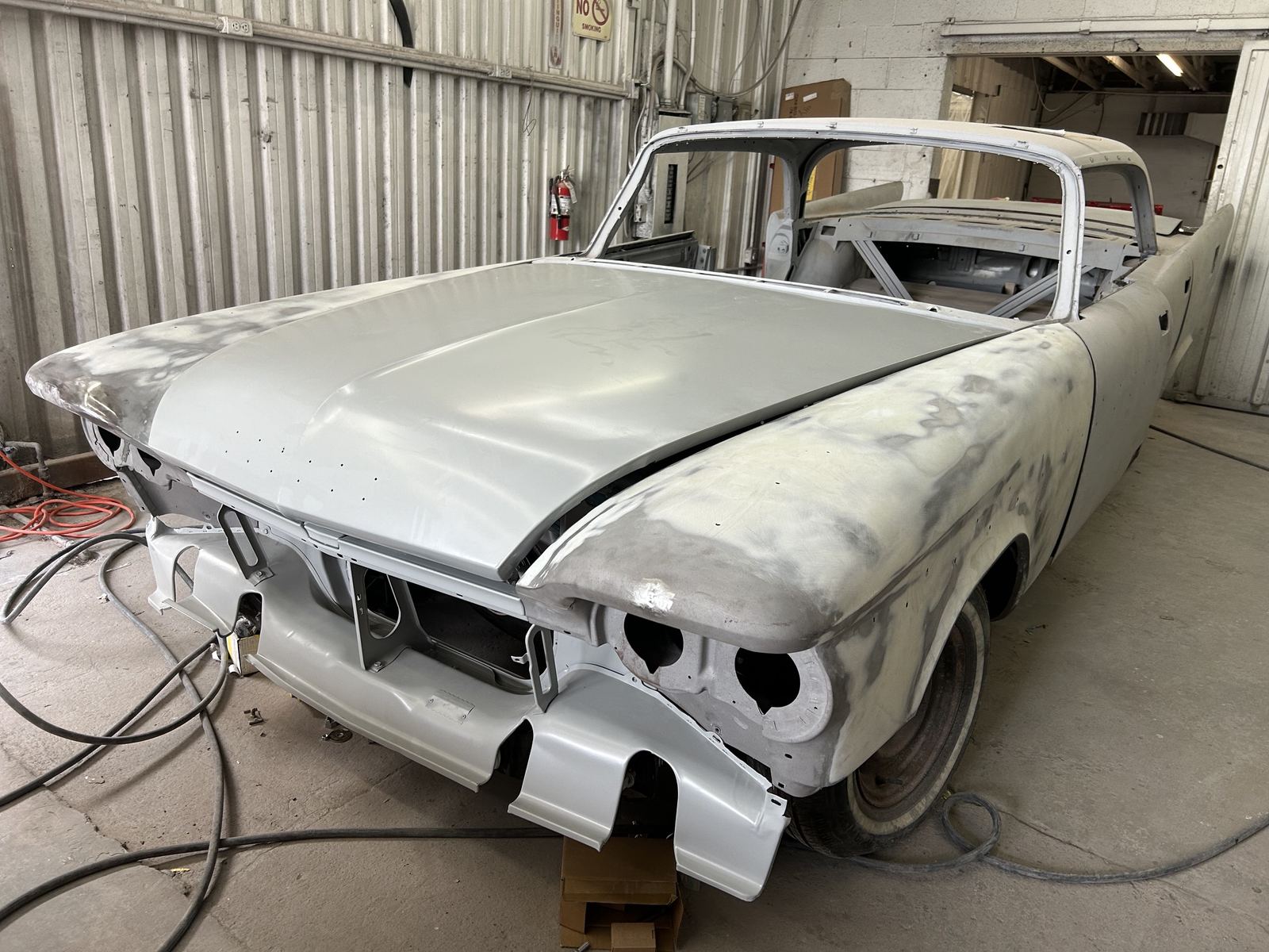 A 1959 DeSoto body in primer, seen from the front
