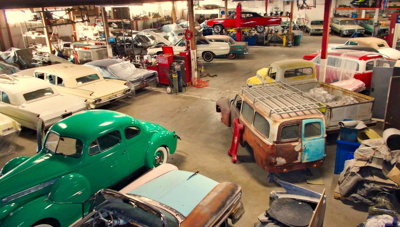 Classic cars in progress on the shop floor